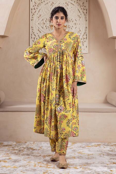 Rivaaj Clothing Yellow Velvet Lace, Sequins, Embroidery V-neck Floral Print Anarkali And Pant Set at Aza Fashions Rivaaj Clothing_Yellow Velvet Lace, Sequins, Embroidery V-neck Floral Print Anarkali And Pant Set _at_Aza_Fashions