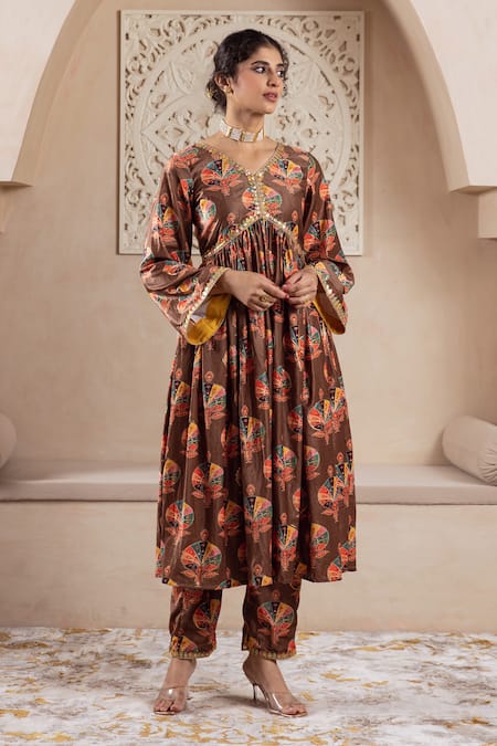 Rivaaj Clothing_Brown Velvet Lace, Sequins V-neck Botanical Print Anarkali And Pant Set _Online_at_Aza_Fashions