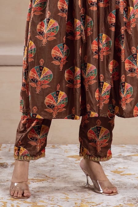 Buy_Rivaaj Clothing_Brown Velvet Lace, Sequins V-neck Botanical Print Anarkali And Pant Set _Online_at_Aza_Fashions