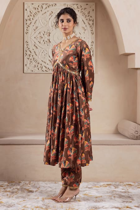 Shop_Rivaaj Clothing_Brown Velvet Lace, Sequins V-neck Botanical Print Anarkali And Pant Set _Online_at_Aza_Fashions