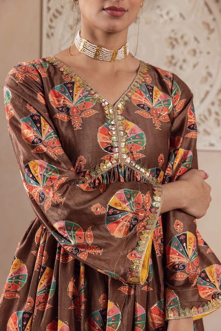 Rivaaj Clothing_Brown Velvet Lace, Sequins V-neck Botanical Print Anarkali And Pant Set _at_Aza_Fashions