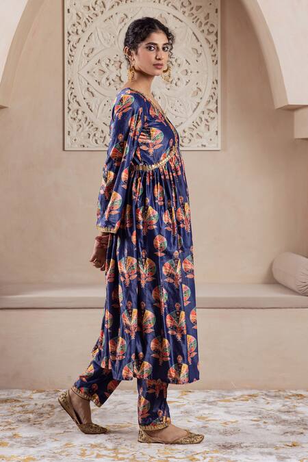 Rivaaj Clothing_Blue Velvet Embroidery, Lace V-neck Botanical Print Anarkali And Pant Set _Online_at_Aza_Fashions