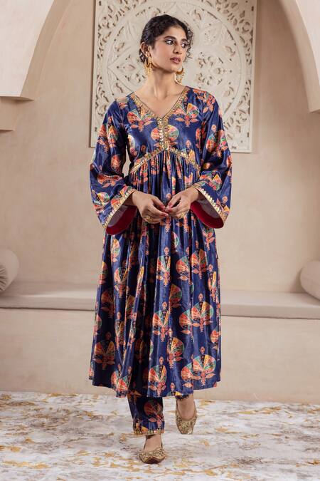 Shop_Rivaaj Clothing_Blue Velvet Embroidery, Lace V-neck Botanical Print Anarkali And Pant Set _Online_at_Aza_Fashions