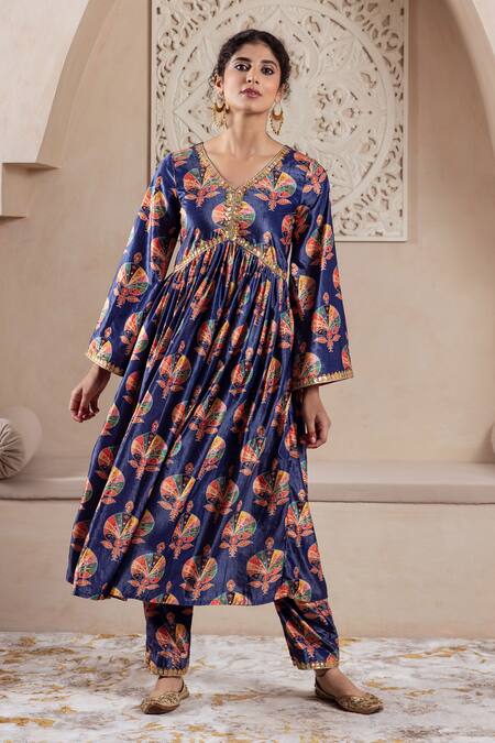 Rivaaj Clothing_Blue Velvet Embroidery, Lace V-neck Botanical Print Anarkali And Pant Set _at_Aza_Fashions