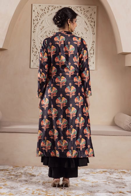 Shop Rivaaj Clothing Black Velvet Foil Printing Open Neck Floral Anarkali Jacket Set at Aza Fashions Shop_Rivaaj Clothing_Black Velvet Foil Printing Open Neck Floral Anarkali Jacket Set _at_Aza_Fashions