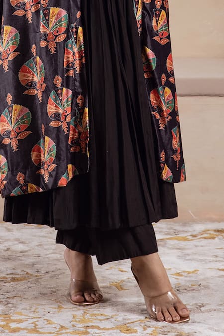 Rivaaj Clothing Black Velvet Foil Printing Open Neck Floral Anarkali Jacket Set Online at Aza Fashions Rivaaj Clothing_Black Velvet Foil Printing Open Neck Floral Anarkali Jacket Set _Online_at_Aza_Fashions