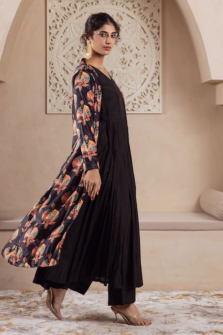 Buy Rivaaj Clothing Black Velvet Foil Printing Open Neck Floral Anarkali Jacket Set Online at Aza Fashions Buy_Rivaaj Clothing_Black Velvet Foil Printing Open Neck Floral Anarkali Jacket Set _Online_at_Aza_Fashions