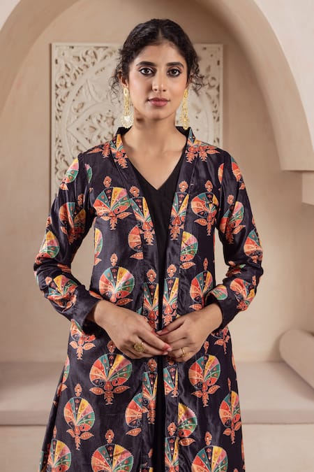 Shop Rivaaj Clothing Black Velvet Foil Printing Open Neck Floral Anarkali Jacket Set Online at Aza Fashions Shop_Rivaaj Clothing_Black Velvet Foil Printing Open Neck Floral Anarkali Jacket Set _Online_at_Aza_Fashions