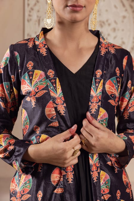 Rivaaj Clothing Black Velvet Foil Printing Open Neck Floral Anarkali Jacket Set at Aza Fashions Rivaaj Clothing_Black Velvet Foil Printing Open Neck Floral Anarkali Jacket Set _at_Aza_Fashions