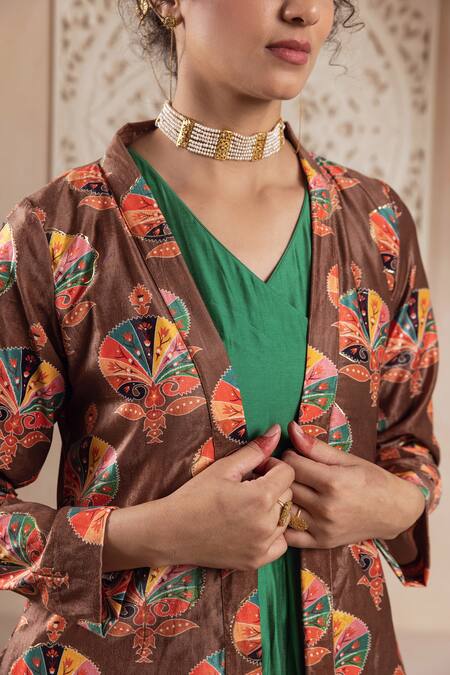 Shop Rivaaj Clothing Brown Velvet, Cotton Foil Printing, Embroidery Open Floral Printed Anarkali Set Online at Aza Fashions Shop_Rivaaj Clothing_Brown Velvet, Cotton Foil Printing, Embroidery Open Floral Printed Anarkali Set _Online_at_Aza_Fashions