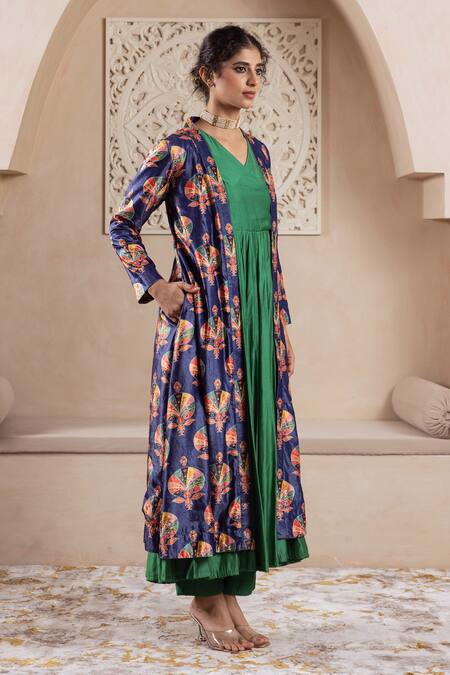 Buy_Rivaaj Clothing_Blue Velvet, Cotton Foil Printing, Floral Printed Anarkali Set With Jacket _Online_at_Aza_Fashions