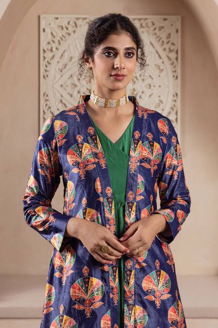 Shop_Rivaaj Clothing_Blue Velvet, Cotton Foil Printing, Floral Printed Anarkali Set With Jacket _Online_at_Aza_Fashions