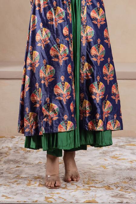 Rivaaj Clothing_Blue Velvet, Cotton Foil Printing, Floral Printed Anarkali Set With Jacket _at_Aza_Fashions
