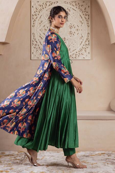 Buy_Rivaaj Clothing_Blue Velvet, Cotton Foil Printing, Floral Printed Anarkali Set With Jacket 