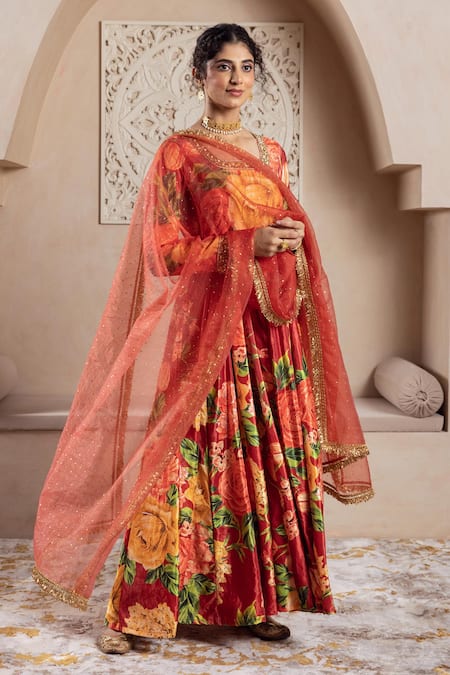 Buy_Rivaaj Clothing_Orange Velvet, Chiffon Sequins Square Neck Botanical Print Anarkali Set _Online_at_Aza_Fashions