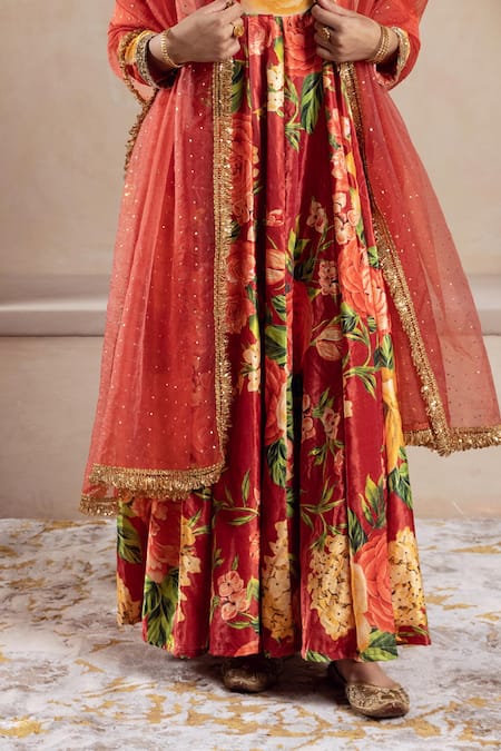 Shop_Rivaaj Clothing_Orange Velvet, Chiffon Sequins Square Neck Botanical Print Anarkali Set _Online_at_Aza_Fashions