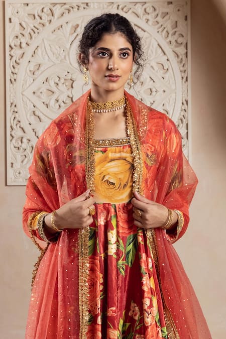 Rivaaj Clothing_Orange Velvet, Chiffon Sequins Square Neck Botanical Print Anarkali Set _at_Aza_Fashions