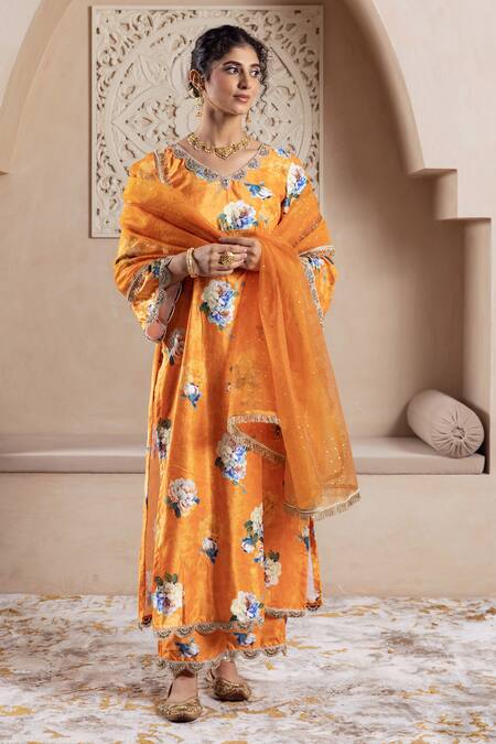 Rivaaj Clothing Orange Velvet, Chiffon Embroidery, Sequins V-neck Floral Print Kurta Set Online at Aza Fashions Rivaaj Clothing_Orange Velvet, Chiffon Embroidery, Sequins V-neck Floral Print Kurta Set _Online_at_Aza_Fashions