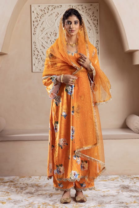 Buy Rivaaj Clothing Orange Velvet, Chiffon Embroidery, Sequins V-neck Floral Print Kurta Set Online at Aza Fashions Buy_Rivaaj Clothing_Orange Velvet, Chiffon Embroidery, Sequins V-neck Floral Print Kurta Set _Online_at_Aza_Fashions