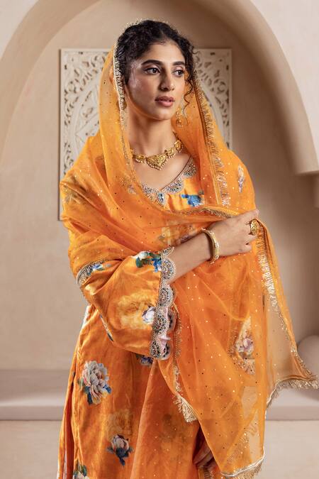 Shop Rivaaj Clothing Orange Velvet, Chiffon Embroidery, Sequins V-neck Floral Print Kurta Set Online at Aza Fashions Shop_Rivaaj Clothing_Orange Velvet, Chiffon Embroidery, Sequins V-neck Floral Print Kurta Set _Online_at_Aza_Fashions