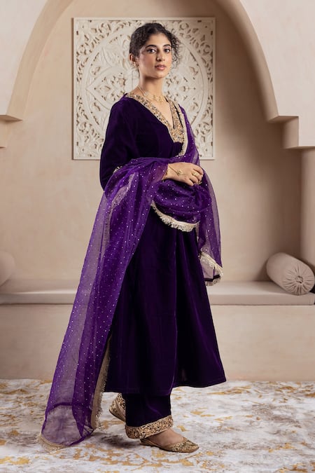 Rivaaj Clothing Purple Velvet, Chiffon Zari, Embroidery V-neck Zardozi Kurta Set Online at Aza Fashions Rivaaj Clothing_Purple Velvet, Chiffon Zari, Embroidery V-neck Zardozi Kurta Set_Online_at_Aza_Fashions