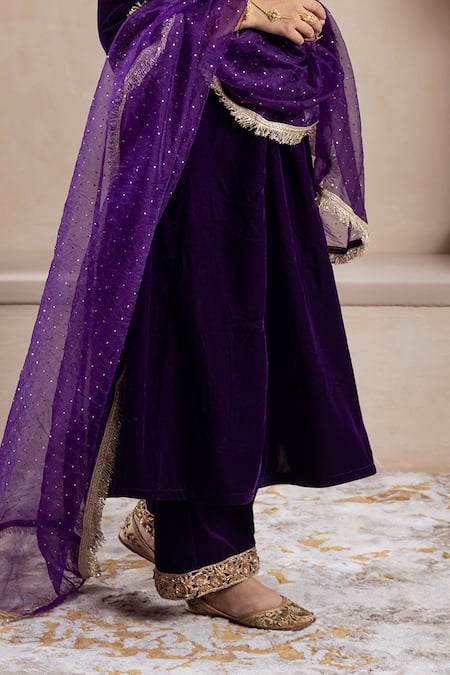Buy Rivaaj Clothing Purple Velvet, Chiffon Zari, Embroidery V-neck Zardozi Kurta Set Online at Aza Fashions Buy_Rivaaj Clothing_Purple Velvet, Chiffon Zari, Embroidery V-neck Zardozi Kurta Set_Online_at_Aza_Fashions
