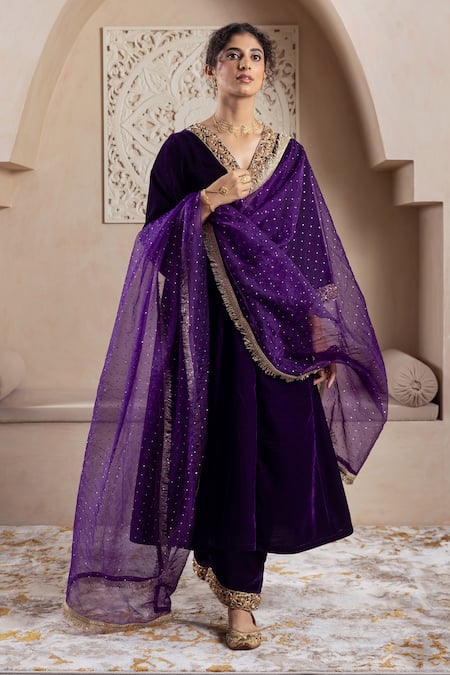Shop Rivaaj Clothing Purple Velvet, Chiffon Zari, Embroidery V-neck Zardozi Kurta Set Online at Aza Fashions Shop_Rivaaj Clothing_Purple Velvet, Chiffon Zari, Embroidery V-neck Zardozi Kurta Set_Online_at_Aza_Fashions