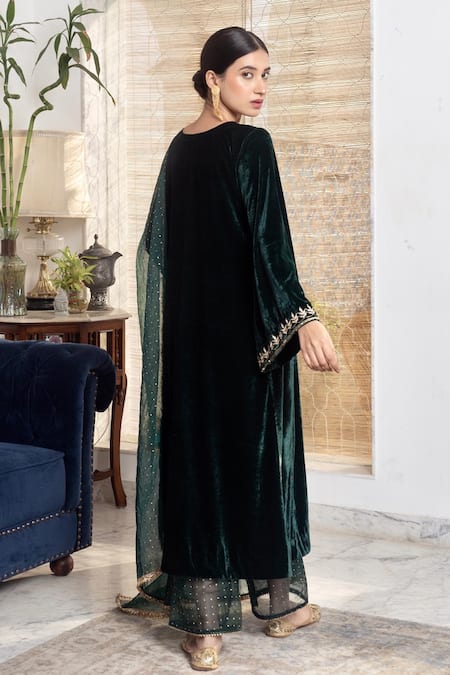 Rivaaj Clothing Bottle Green Gota Patti Kurta Set 