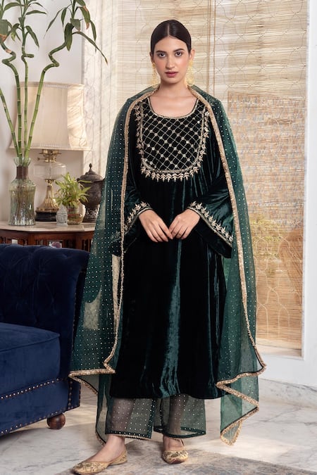Buy_Rivaaj Clothing_Green Velvet, Organza Gota Patti, Mirrors Round Neck Bottle Kurta Set _Online_at_Aza_Fashions