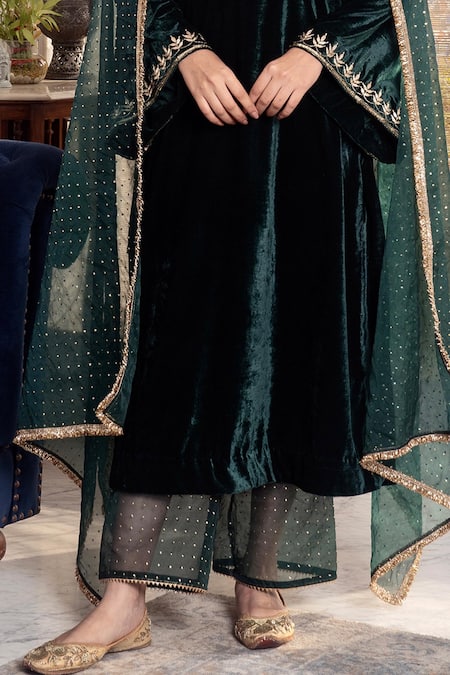 Shop_Rivaaj Clothing_Green Velvet, Organza Gota Patti, Mirrors Round Neck Bottle Kurta Set _Online_at_Aza_Fashions
