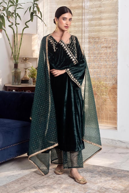 Rivaaj Clothing_Green Velvet, Organza Gota Patti, Mirrors Round Neck Bottle Kurta Set _at_Aza_Fashions