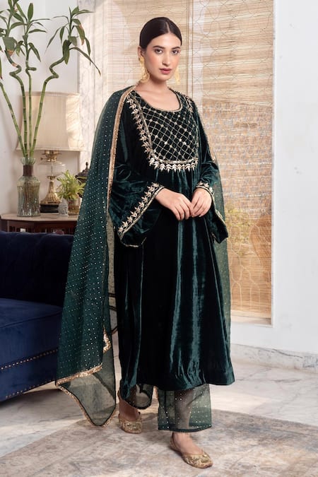Shop_Rivaaj Clothing_Green Velvet, Organza Gota Patti, Mirrors Round Neck Bottle Kurta Set 
