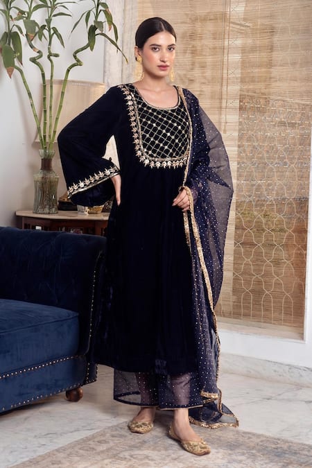 Rivaaj Clothing_Navy Organza, Velvet Gota Patti Round Neck Blue Embroidered Kurta Set _Online_at_Aza_Fashions