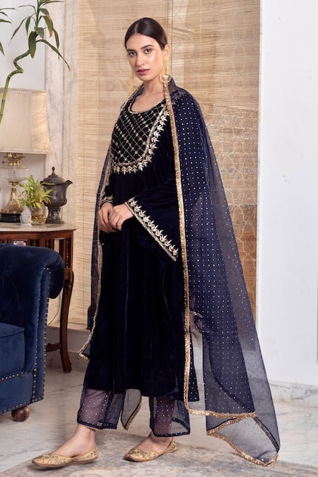 Buy_Rivaaj Clothing_Navy Organza, Velvet Gota Patti Round Neck Blue Embroidered Kurta Set _Online_at_Aza_Fashions