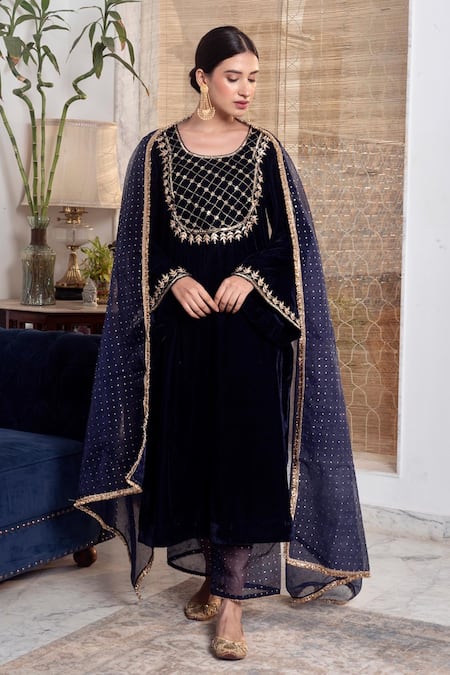 Shop_Rivaaj Clothing_Navy Organza, Velvet Gota Patti Round Neck Blue Embroidered Kurta Set _Online_at_Aza_Fashions