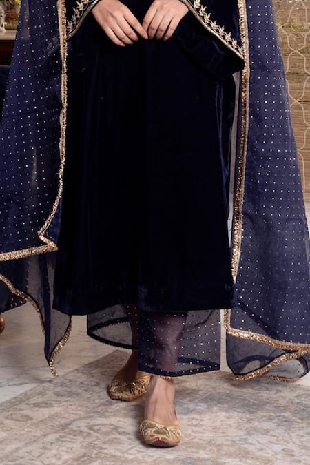 Rivaaj Clothing_Navy Organza, Velvet Gota Patti Round Neck Blue Embroidered Kurta Set _at_Aza_Fashions