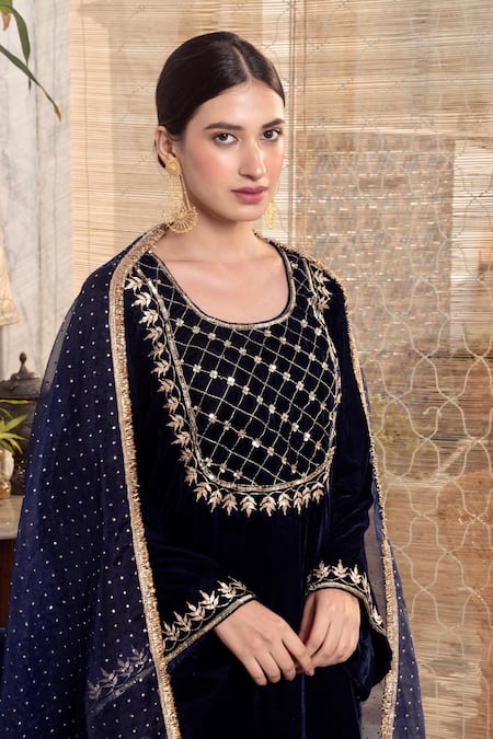Buy_Rivaaj Clothing_Navy Organza, Velvet Gota Patti Round Neck Blue Embroidered Kurta Set 