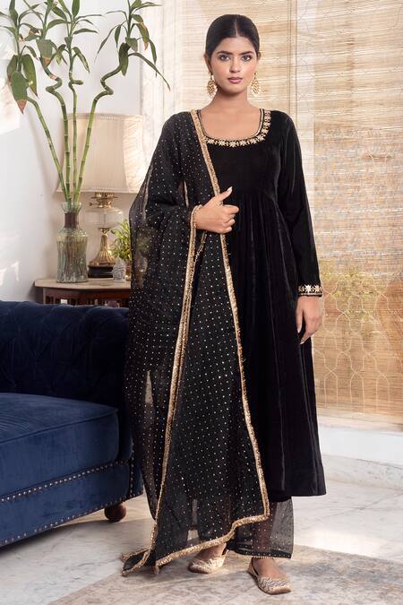 Rivaaj Clothing_Black Organza, Velvet Gota Patti, Mirrors Round Neck Embroidered Anarkali Set _Online_at_Aza_Fashions
