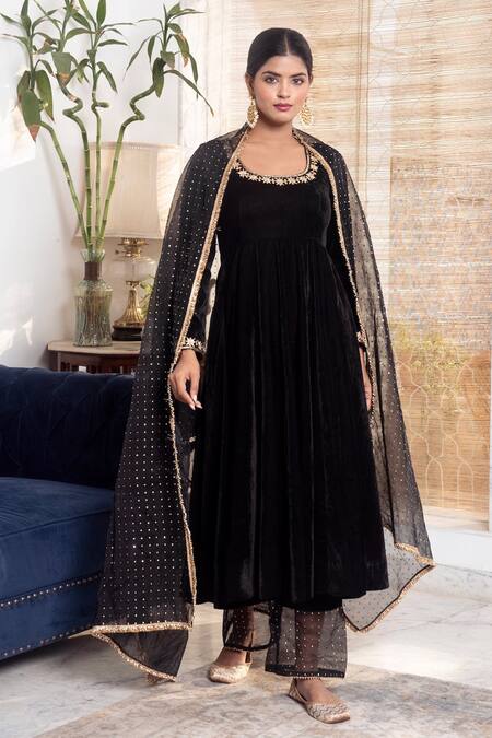 Buy_Rivaaj Clothing_Black Organza, Velvet Gota Patti, Mirrors Round Neck Embroidered Anarkali Set _Online_at_Aza_Fashions