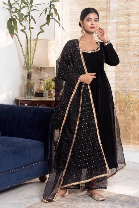 Shop_Rivaaj Clothing_Black Organza, Velvet Gota Patti, Mirrors Round Neck Embroidered Anarkali Set _Online_at_Aza_Fashions