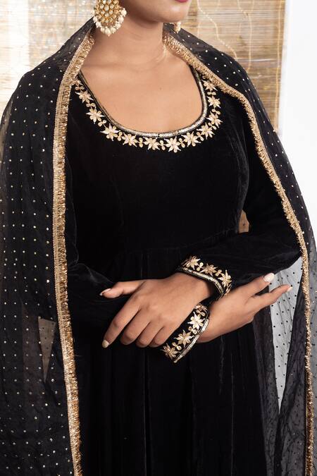 Rivaaj Clothing_Black Organza, Velvet Gota Patti, Mirrors Round Neck Embroidered Anarkali Set _at_Aza_Fashions