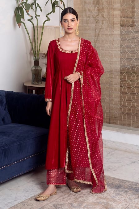 Rivaaj Clothing_Maroon Organza, Velvet Gota Patti, Embroidered Anarkali Set With Dupatta _Online_at_Aza_Fashions