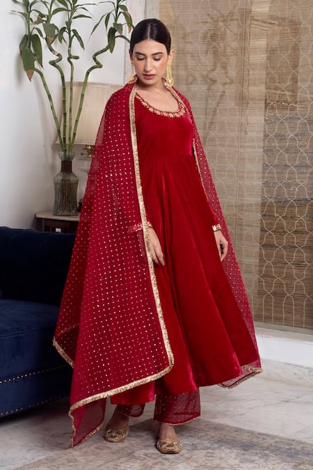 Buy_Rivaaj Clothing_Maroon Organza, Velvet Gota Patti, Embroidered Anarkali Set With Dupatta _Online_at_Aza_Fashions