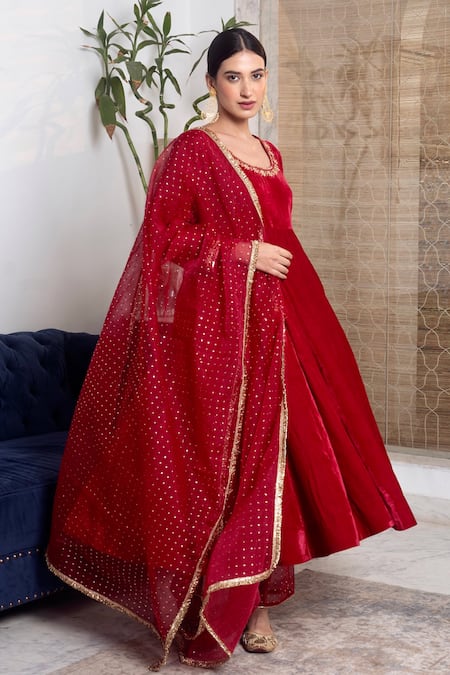 Shop_Rivaaj Clothing_Maroon Organza, Velvet Gota Patti, Embroidered Anarkali Set With Dupatta _Online_at_Aza_Fashions