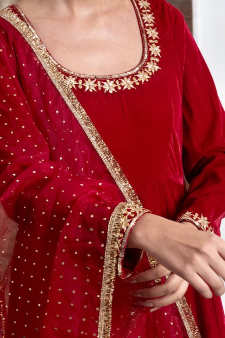 Rivaaj Clothing_Maroon Organza, Velvet Gota Patti, Embroidered Anarkali Set With Dupatta _at_Aza_Fashions