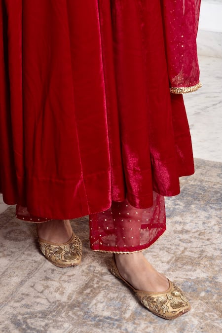 Buy_Rivaaj Clothing_Maroon Organza, Velvet Gota Patti, Embroidered Anarkali Set With Dupatta 