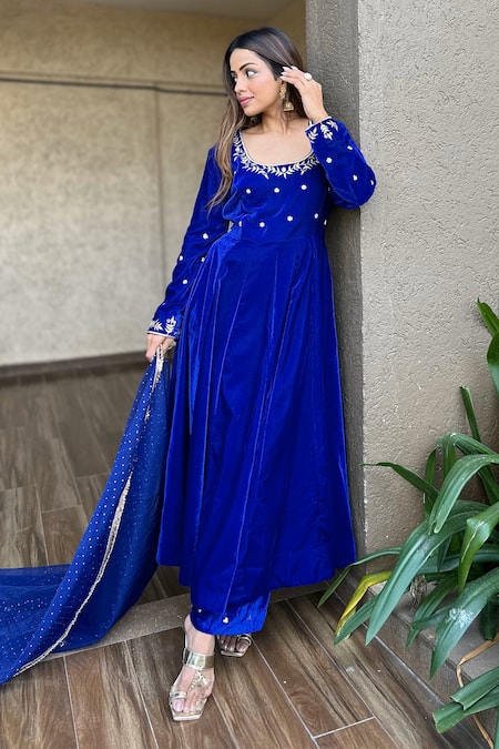 Rivaaj Clothing Blue Organza, Velvet Embroidery, Mirrors Round Floral Gota Patti Anarkali Set Online at Aza Fashions Rivaaj Clothing_Blue Organza, Velvet Embroidery, Mirrors Round Floral Gota Patti Anarkali Set _Online_at_Aza_Fashions