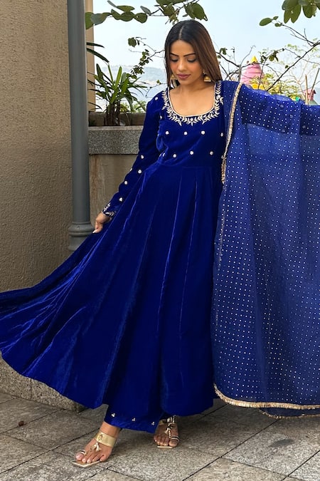 Buy Rivaaj Clothing Blue Organza, Velvet Embroidery, Mirrors Round Floral Gota Patti Anarkali Set Online at Aza Fashions Buy_Rivaaj Clothing_Blue Organza, Velvet Embroidery, Mirrors Round Floral Gota Patti Anarkali Set _Online_at_Aza_Fashions