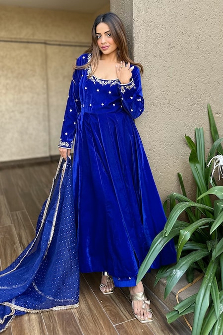 Shop Rivaaj Clothing Blue Organza, Velvet Embroidery, Mirrors Round Floral Gota Patti Anarkali Set Online at Aza Fashions Shop_Rivaaj Clothing_Blue Organza, Velvet Embroidery, Mirrors Round Floral Gota Patti Anarkali Set _Online_at_Aza_Fashions