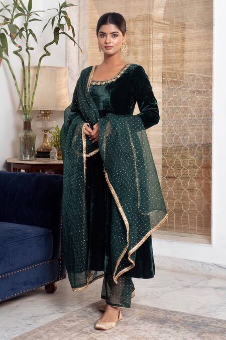 Rivaaj Clothing_Green Organza, Velvet Mirrors, Fringe Round Neck Floral Gota Patti Anarkali Set _Online_at_Aza_Fashions